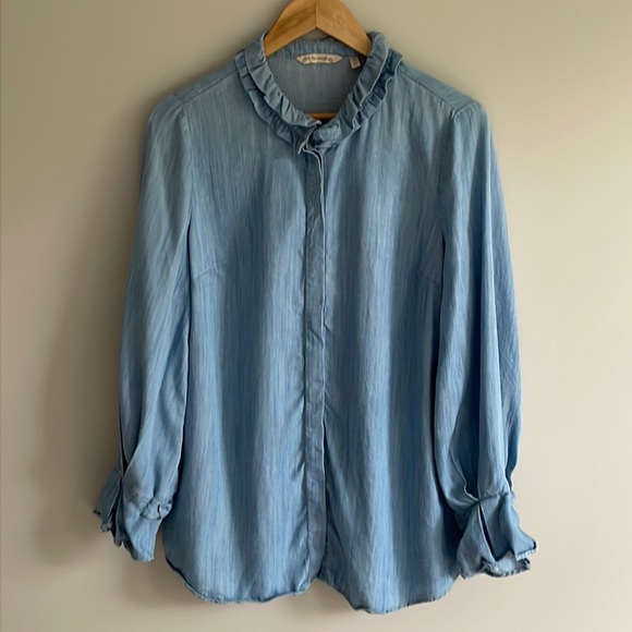 Soft Surroundings chambray Tencel Ruffle Collar Sleeve Button Down - Picture 10 of 10